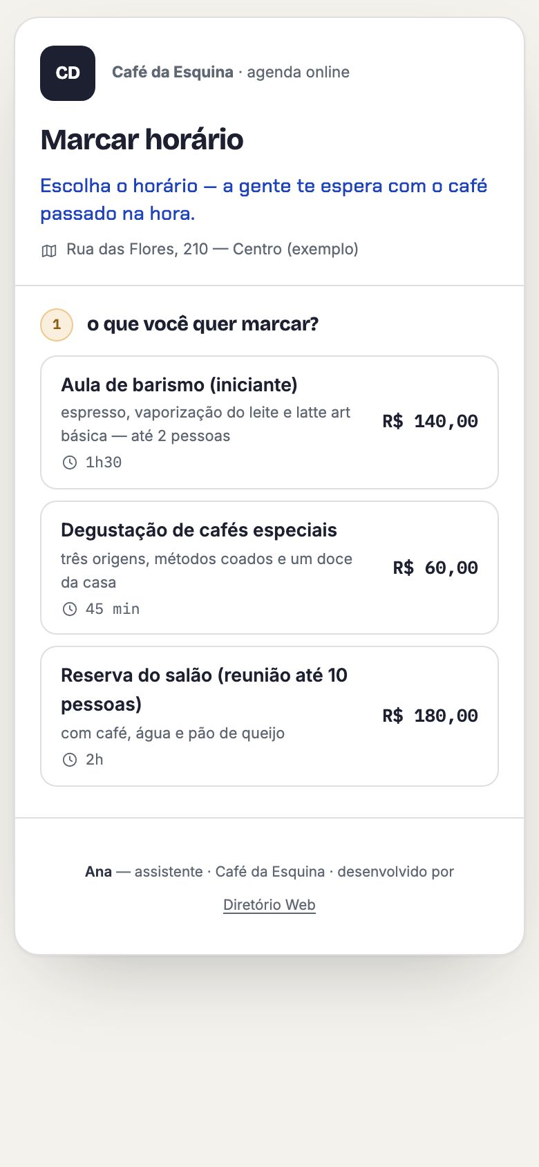 No celular do cliente, a página de agendar do Café da Esquina: aula de barismo, degustação de cafés especiais e reserva do salão, com a duração e o preço.