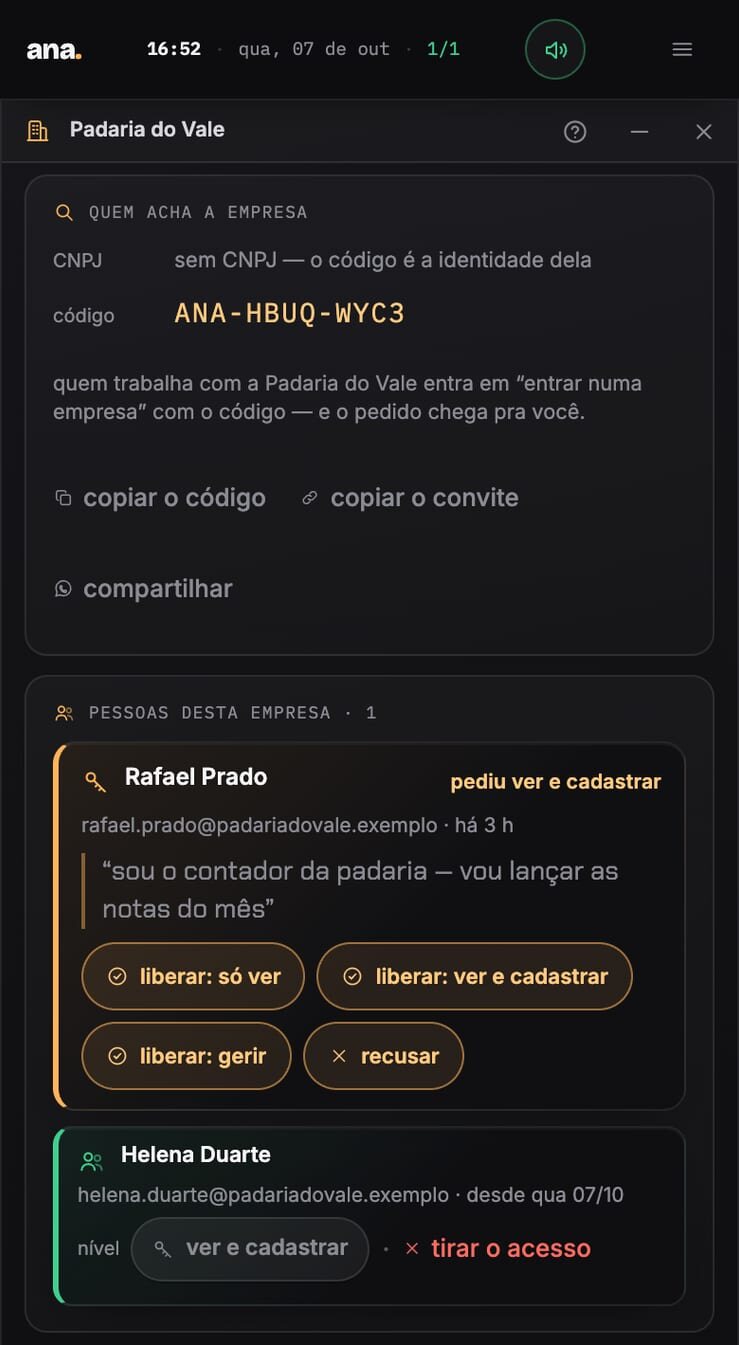 No celular de quem cuida da empresa: o código da Padaria do Vale e o pedido do contador com liberar só ver, ver e cadastrar, gerir ou recusar; abaixo, uma sócia com ver e cadastrar.