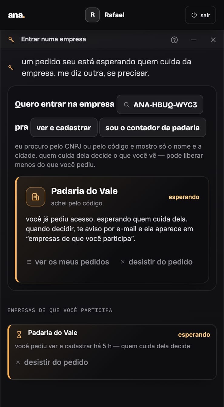 No celular do contador: Quero entrar na empresa ANA-HBUQ-WYC3 pra ver e cadastrar, e o cartão da Padaria do Vale esperando quem cuida dela.