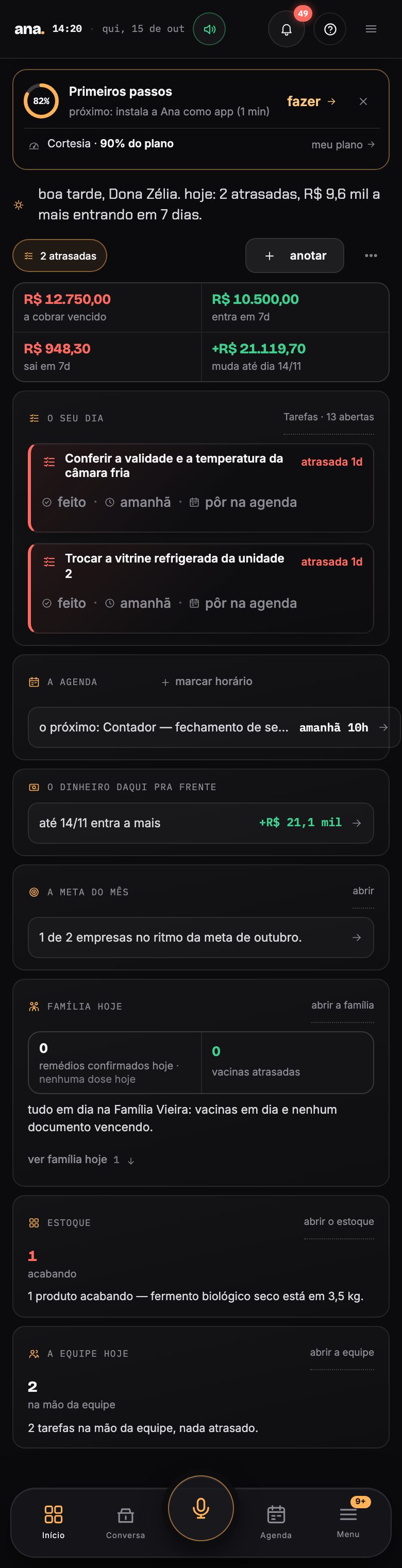 No celular, o Início da Dona Zélia montada: o que pesa hoje, o dinheiro, o seu dia e a meta do mês.