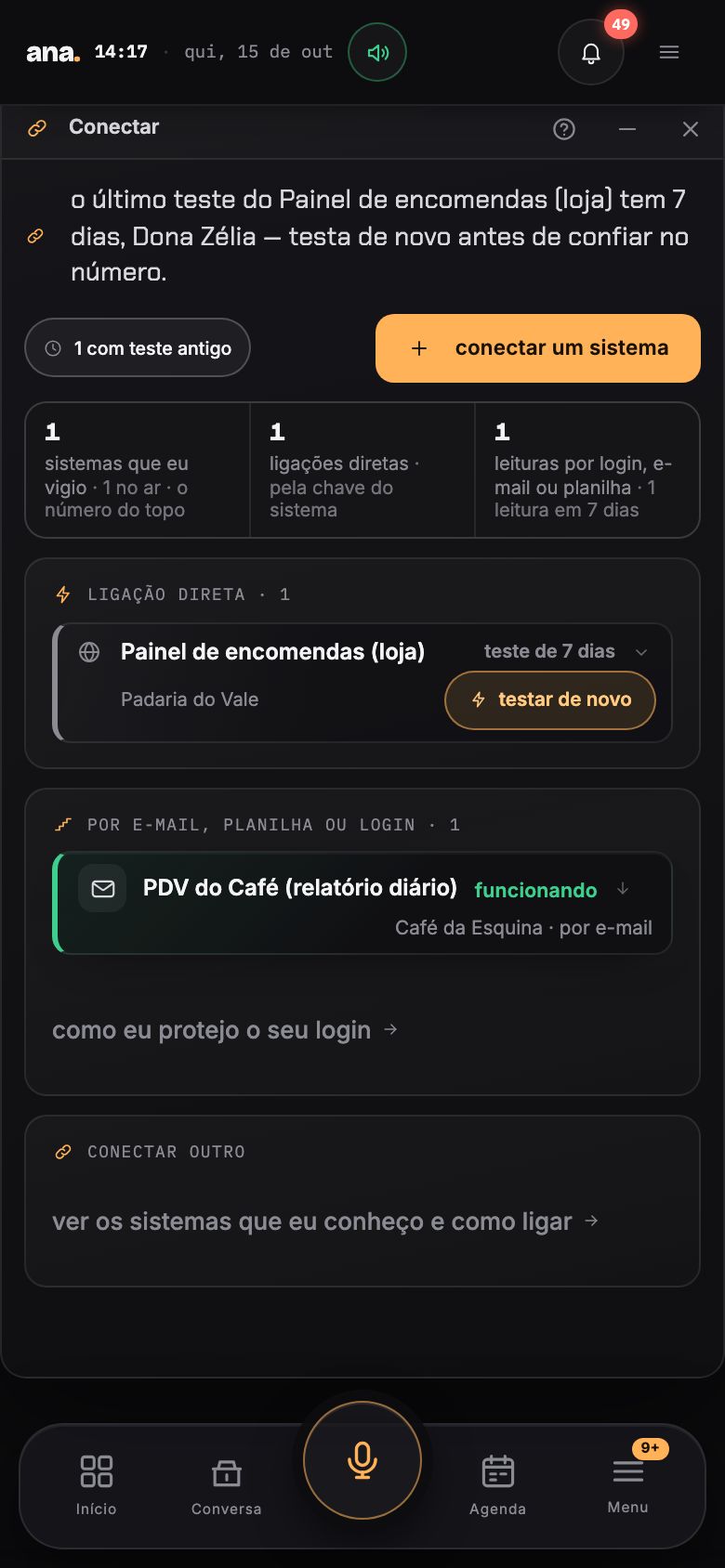 No celular, os sistemas sem ligação direta: o PDV do Café funcionando por e-mail e os três jeitos com o que você faz, o que a Ana faz e o que ela nunca faz.